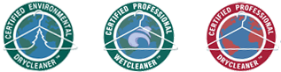 three dry cleaning certification logos, one for certified environmental drycleaner, one for certified professional wetcleaner, and one for certified professional drycleaner