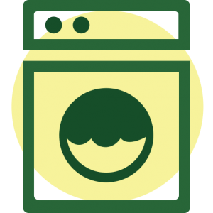 a green outline of a washing machine symbol on top of a yellow circle